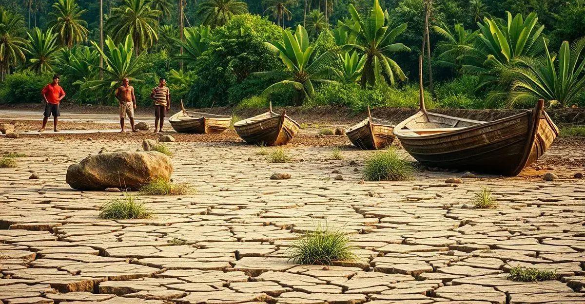 Rio Solimões atinge nível recorde de seca, afetando comunidades ribeirinhas.